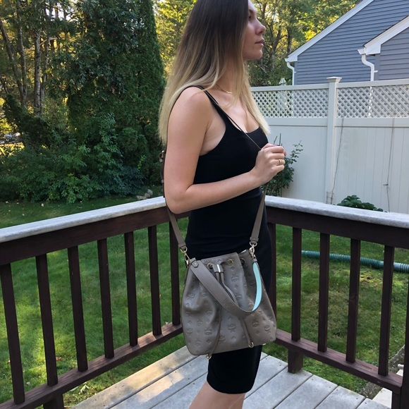 MCM Taupe Leather Essential Drawstring Shoulder Monogram Bag NWOT - Picture 7 of 8